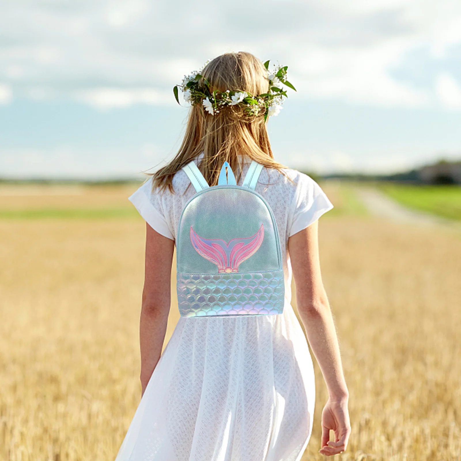 حقيبة ظهر مدرسية بحورية البحر بالليزر بسعة كبيرة وحزام كتف قابل للتعديل للسفر والمشي لمسافات طويلة في الهواء الطلق للفتيات المراهقات
