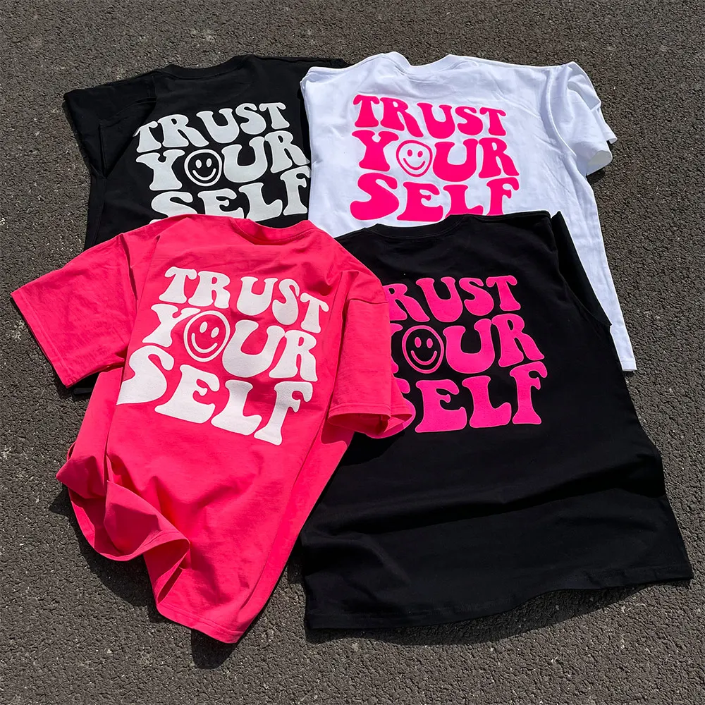 Heavier Weight 260G Short Sleeve T-Shirt Printed Self-Confidence Lettering Real Shot Casual Loose Fit round Neck Top