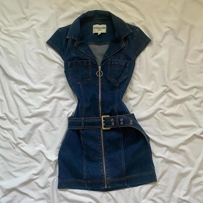 

American Retro Black Denim Short Dress Women Summer Zipper Elegant Slim One Piece Dress Korean Fashion Design Casual Clothing