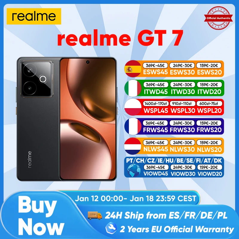 realme GT 7 Versione Globale 5g Smartphone Ai Dimensity 9400E 7000Mah Titan Batteria 120W Carica Ultra Veloce 6.78'' 120Hz Schermo Nfc