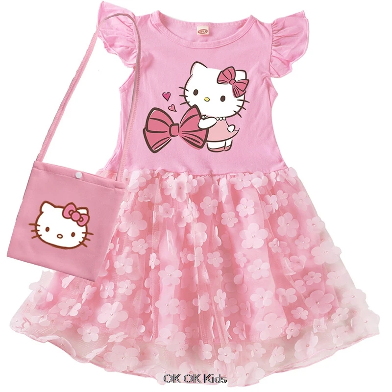 New Hello Kitty Dresses Baby Girls Princess Dress Bag Short Sleeve Princess Dress for 1 2 3 4 5 6 Years Old Kids Cosplay Costume