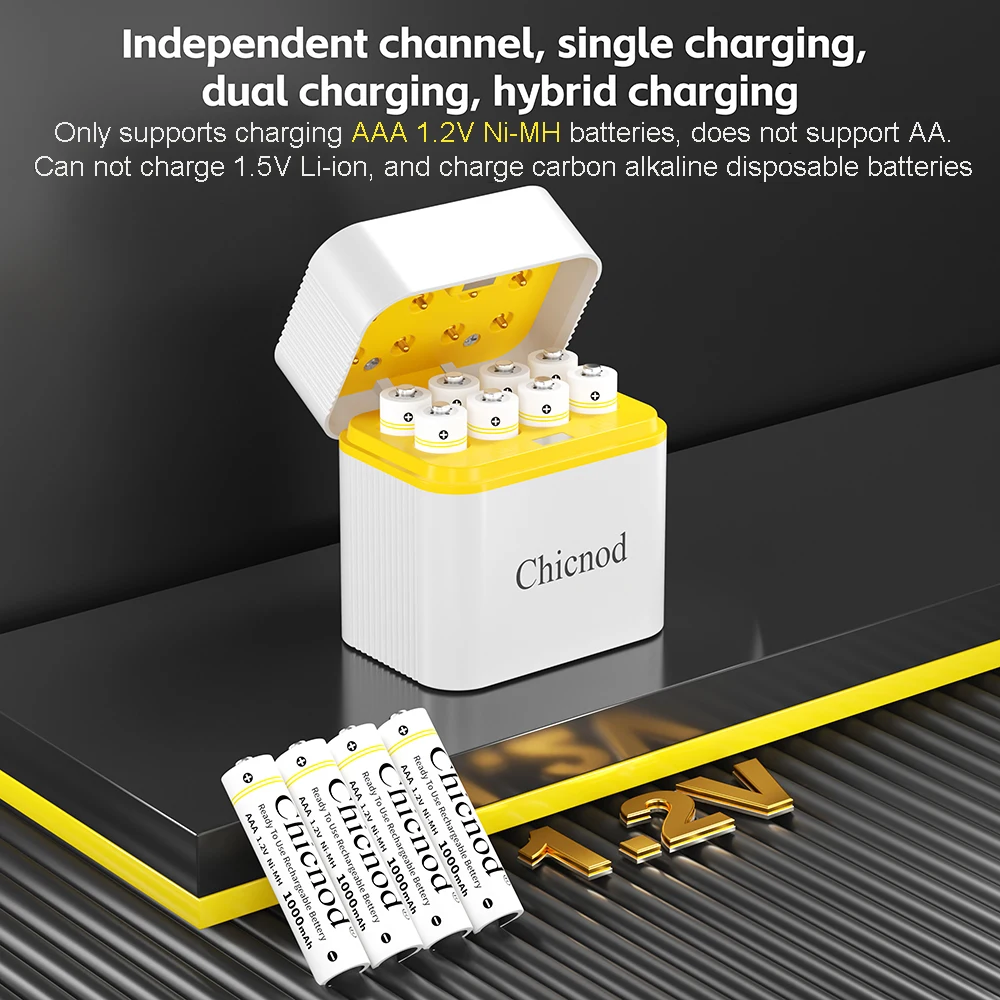 

CHICNOD 1.2V AAA 1100mAh Rechargeable Battery 8 Slots 1.2V AAA Ni-MH Intelligent Charging Compartment Remote Control Toy Battery