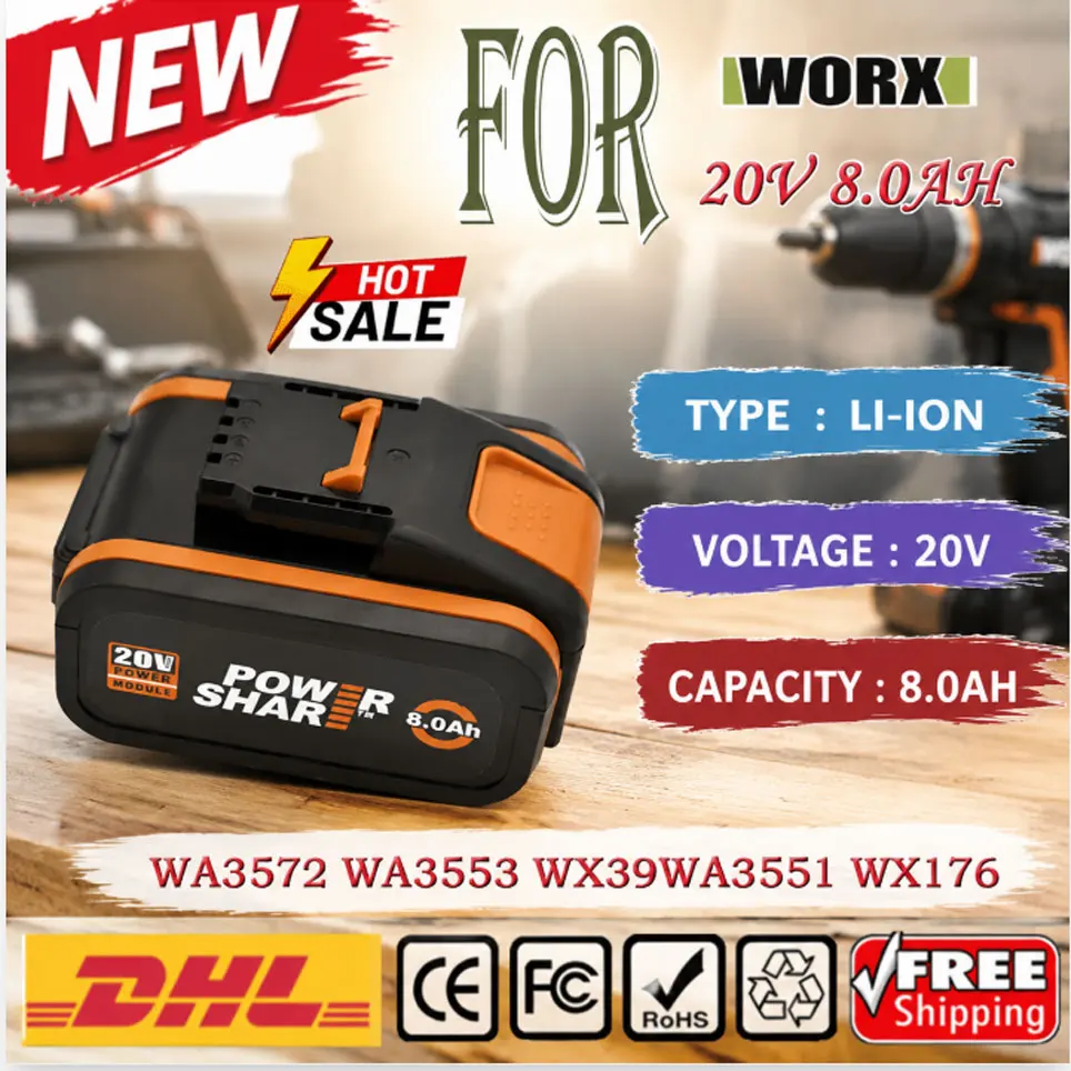 Passend für WORX Powershare Lithium-Ionen-Akku 20V 8Ah WA3644, Hochleistungs- und Langlebiger Akku, Kompatibel mit Allen WORX Werkzeugen