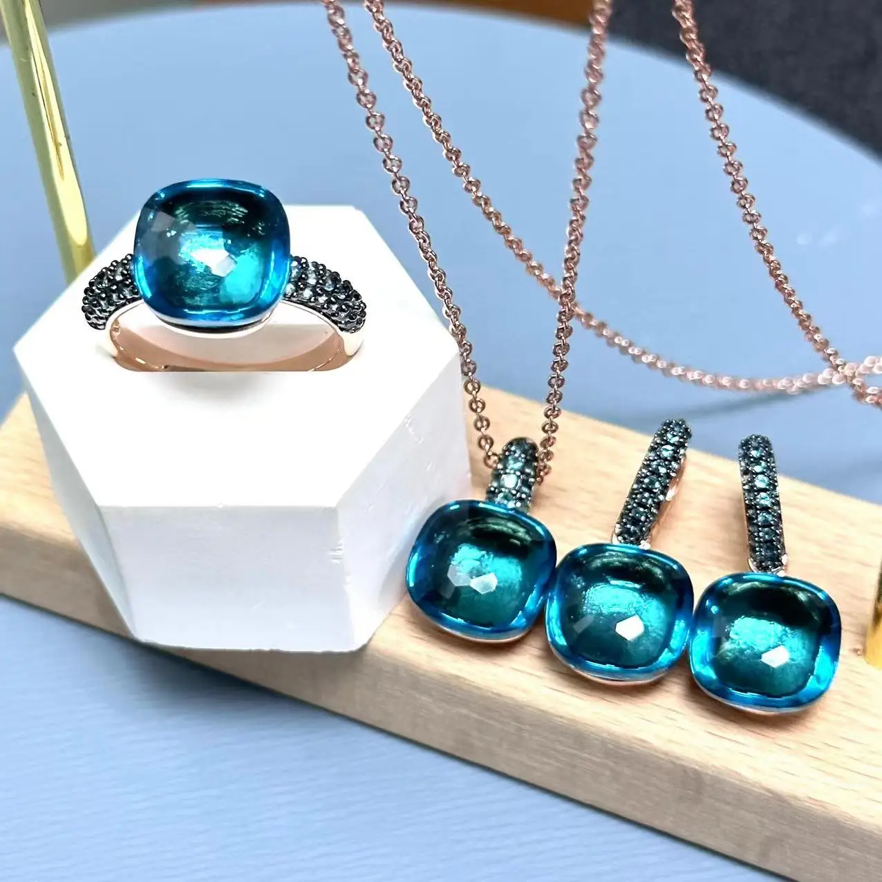 

1Set 12.6mm Ring Earrings Necklace Set Inlay Blue Topaz Zircon with Gun Black Plated Candy Crystal Jewelry Set Fashion Jewelry