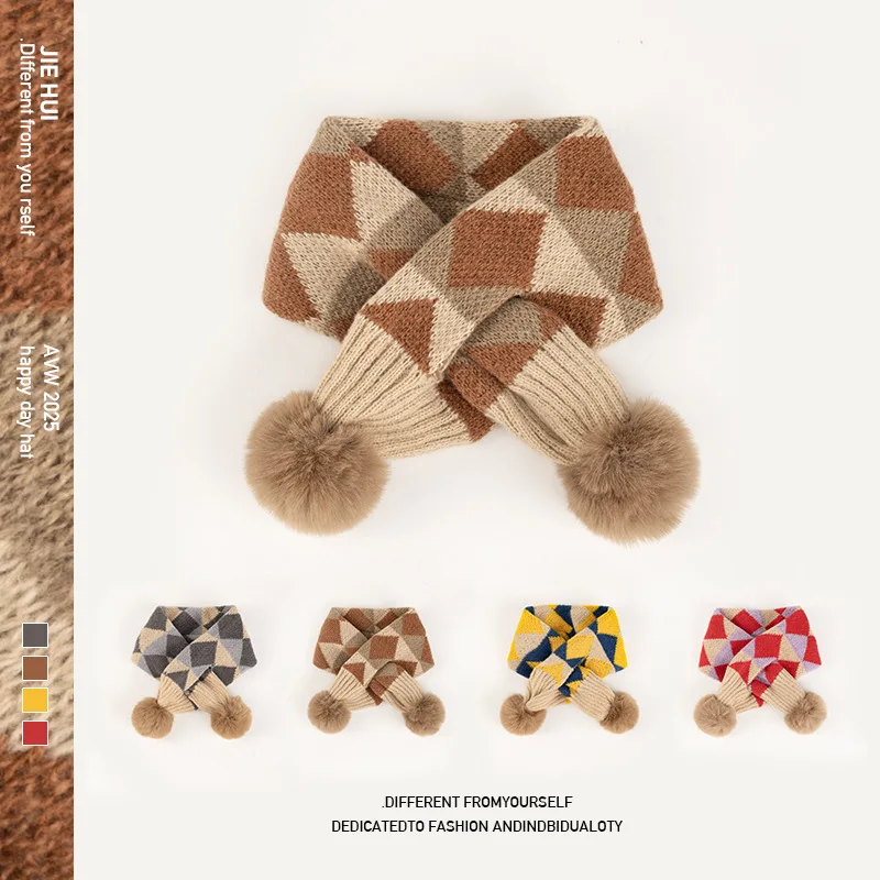 

CAMPUSKITTEN осенне-зимний клетчатый детский шарф в стиле ретро для мальчиков и девочек, вязаный шарф с крестом, теплый милый мягкий ветрозащитный шарф на шею