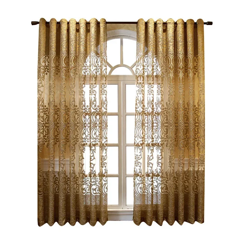 Luxurious Europe Gold Embroidery Tulle Curtains for Living Room Romantic Semi-Sheer Jacquard Voile Door Window Drapes ZH431H