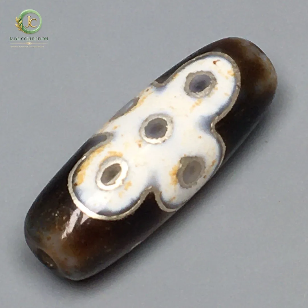 Tibetan Old Agate Dzi Inlaid Silver Wire 5 Eyes Lightning Bead Amulet S0528
