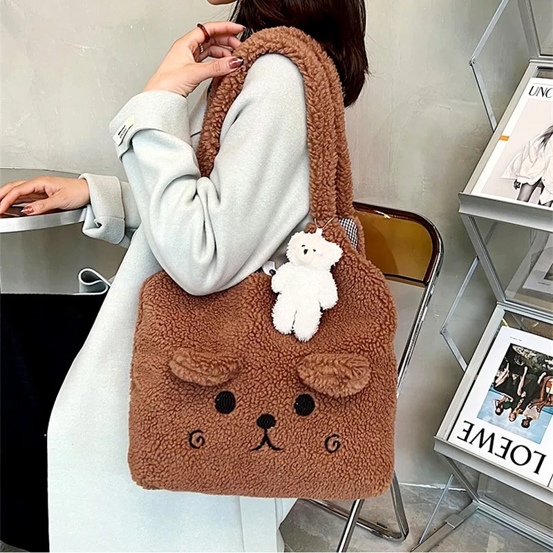 2023 Winter Soft Plush Tote Bag Cartoon Embroidery Imitation Lamb Hair Shoulder Bag for Women Shopper Bag Handbag Shopping Bag