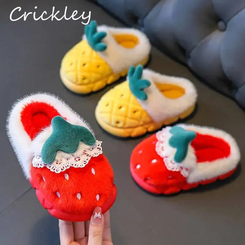 

Winter Cute Fruit Children Slippers Strawberry Pineapple Plush Warm Boys Girls Slippers Soft Non Slip Toddler Kids Home Shoes