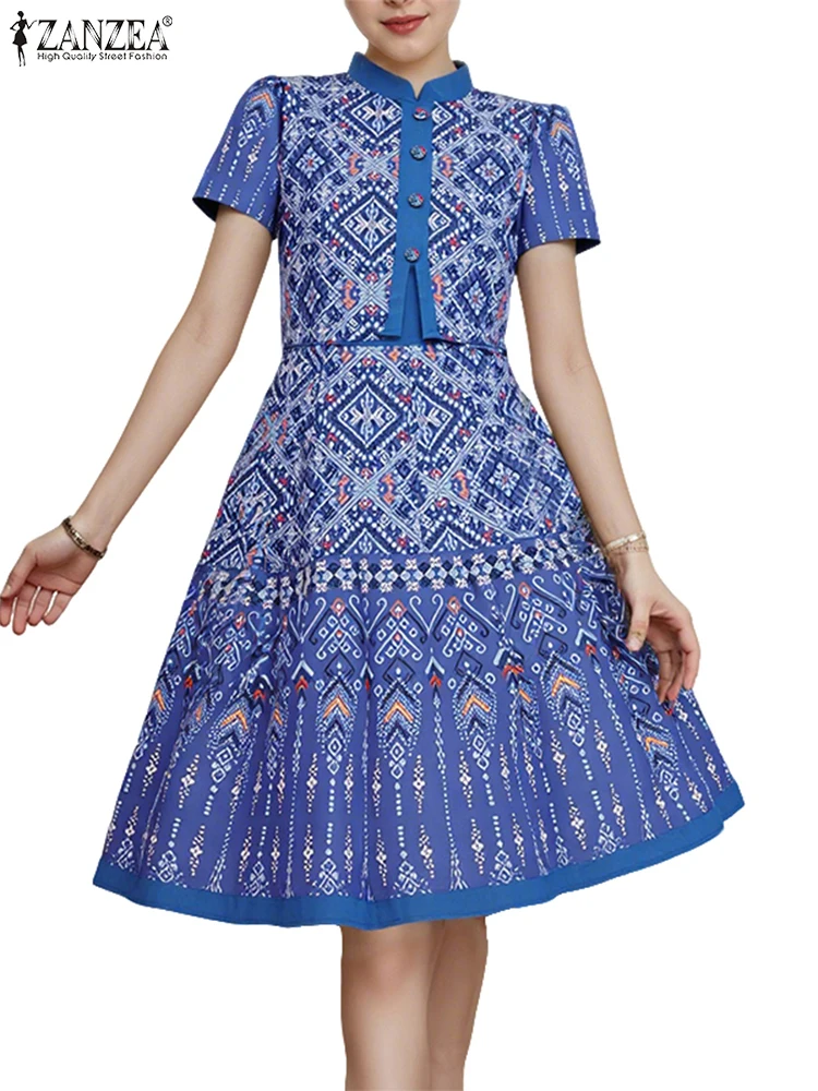 ZANZEA Vintage Geometrische Drucken A-Line Kleid Frauen Gefälschte Zwei-Stück Stehkragen Kurzarm Knie-Länge Roben Urlaub vestidos