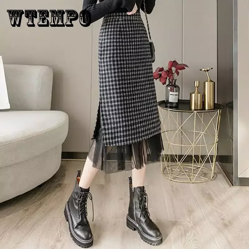 

WTEMPO Women's Patchwork Mesh Skirts Vintage High Waist Chic Winter Fall Plaid Skirts Korean Style Grid Skirts for Women