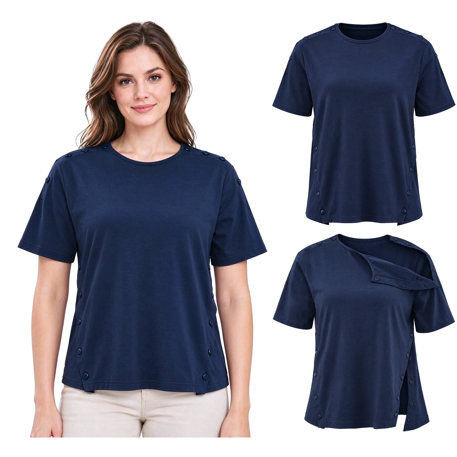 Women Press Buttons Closure Solid Color Adaptive Top Post Surgery Recovery Special Needs Clothing Homewear Casual Daily Wear