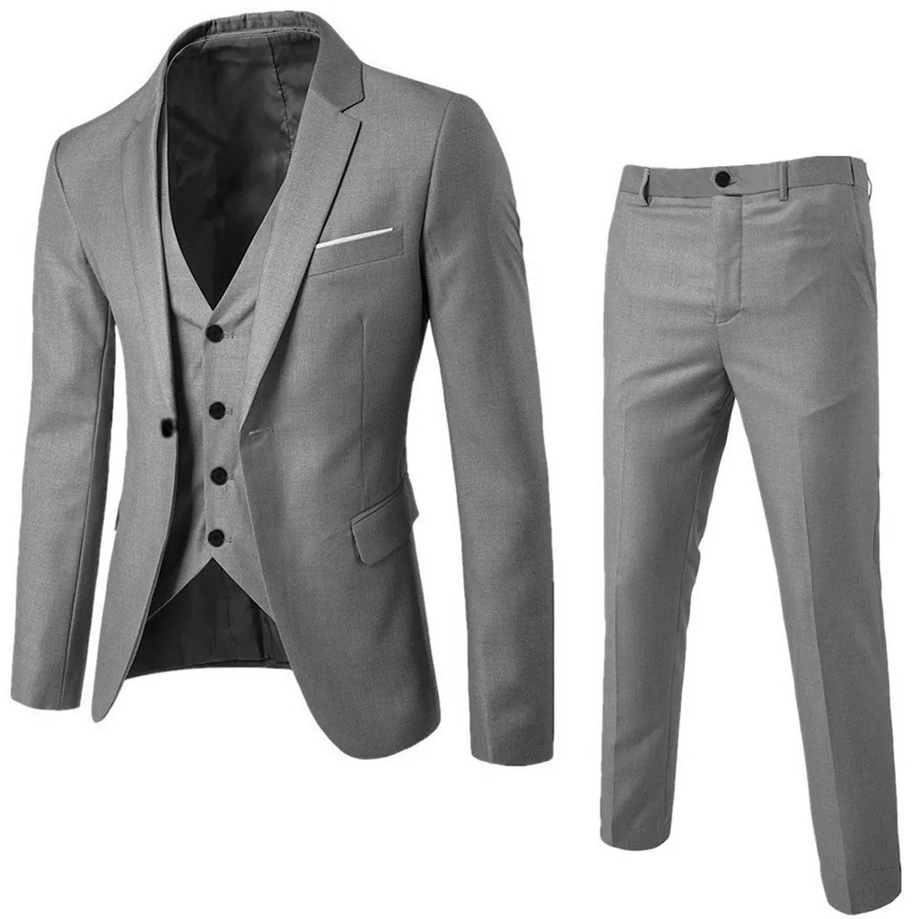 Business Bridegroom Wedding Party Men\'s Suit Solid Color Slim 3 Piece Set Lapel Jacket+Button Up Sleevelss Vest+Long Pants Sets