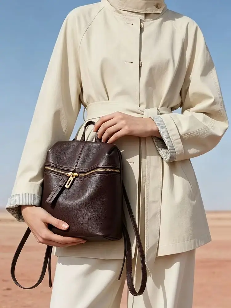 Zency Vintage Classic Bag Women's Genuine Leather Backpack Large Capacity for Commute Travel Work with Back Zip Pocket