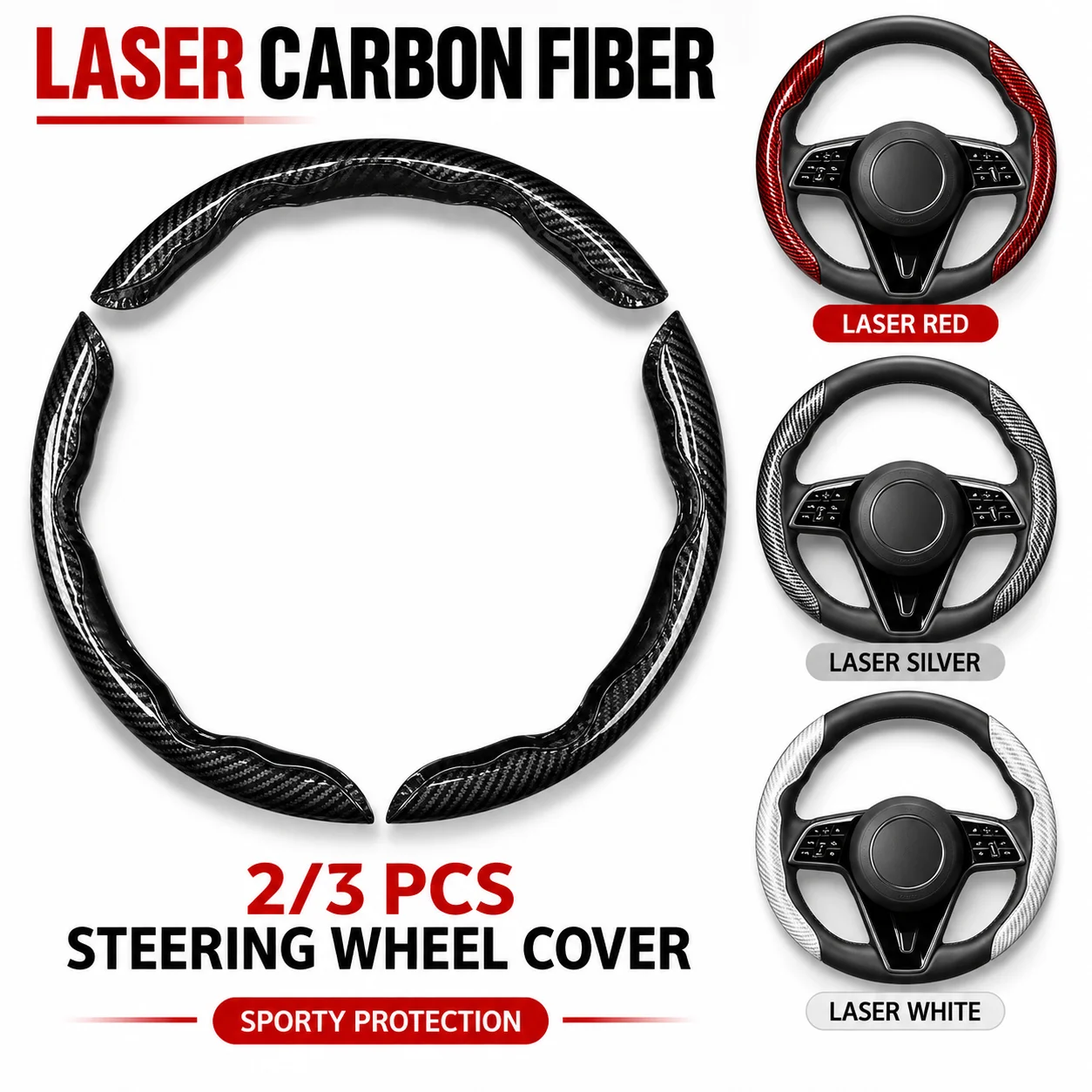 Universal Non-Slip Steering Wheel Cover 2/3PCS Laser Carbon Fiber Silicone Microfiber Leather PVC Cover