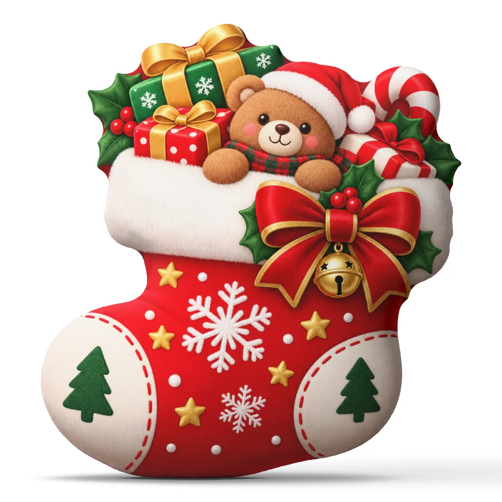 Christmas Stocking Pillow Cute Teddy Bear Cushion Shaped Stuffed Throw Pillow Decorative for Sofa Home Decor Seasonal Gift
