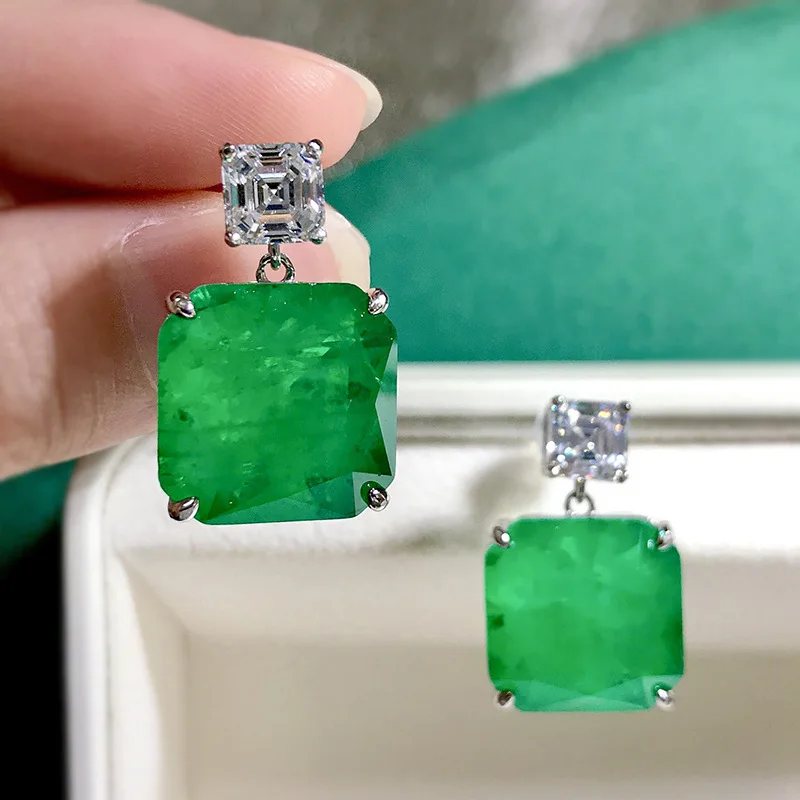 Simulated Emerald Square Drop Earrings Two Stone Cut Cubic Zirconia Dangle Earrings Luxury Wedding Party Women Jewelry