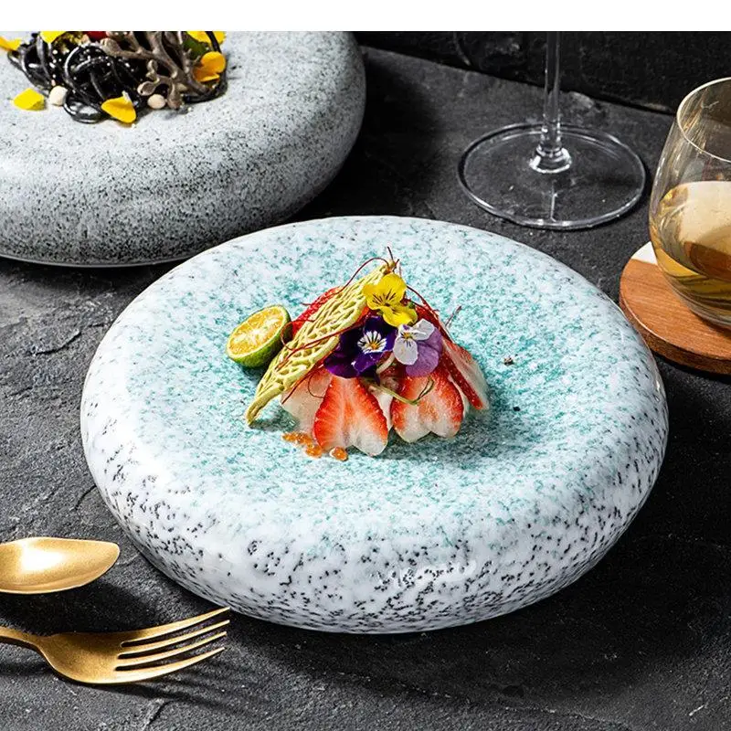 

Керамическая тарелка с каменным узором для сашими, суши, десертов, стейков. Специальная посуда для ресторанов.