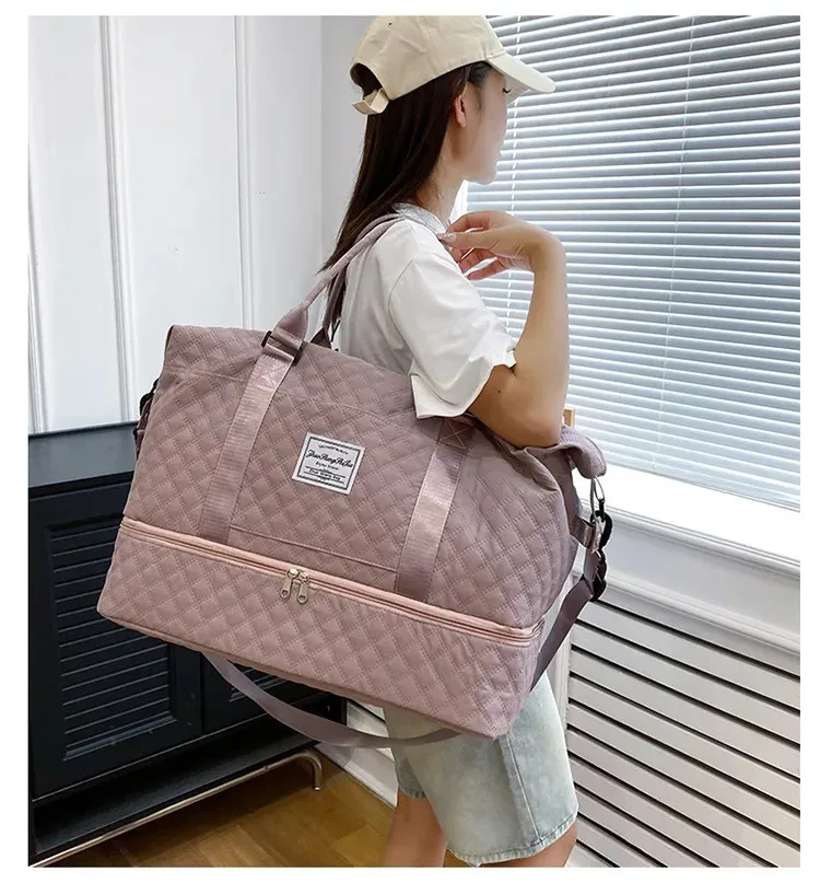 Rhombic Lattice Travel Tote Large Capacity Lightweight Weekender Overnight Sports Fitness Duffle Portable Storage Bag For Women