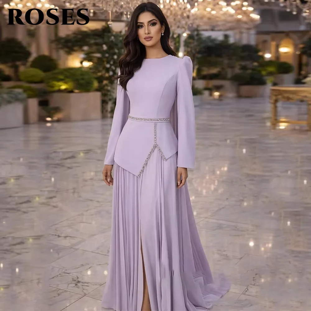 

ROSES Lavender Elegant Prom Dresses O Neck Long Sleeve Formal Dresses with Rhinestone Pleated Party Dresses for Women Customized