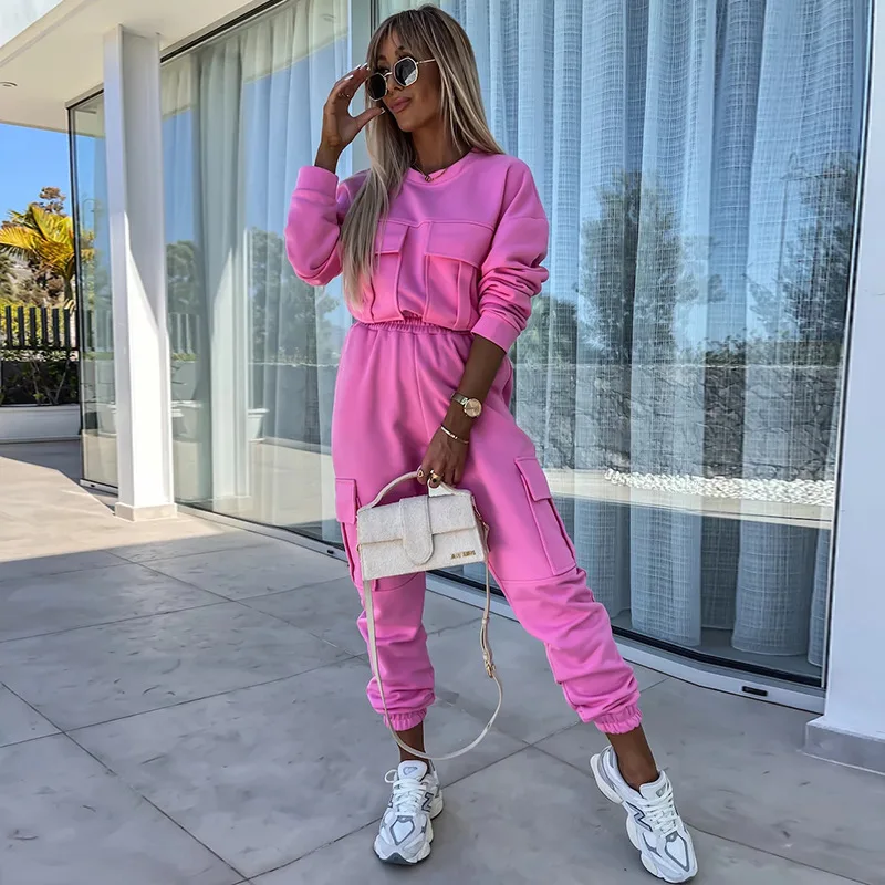 

Women's Loose Fit Long Sve Sweatirt with Large kets Casual Spor Long Pants Two Piece Set Autumn Spring Faion