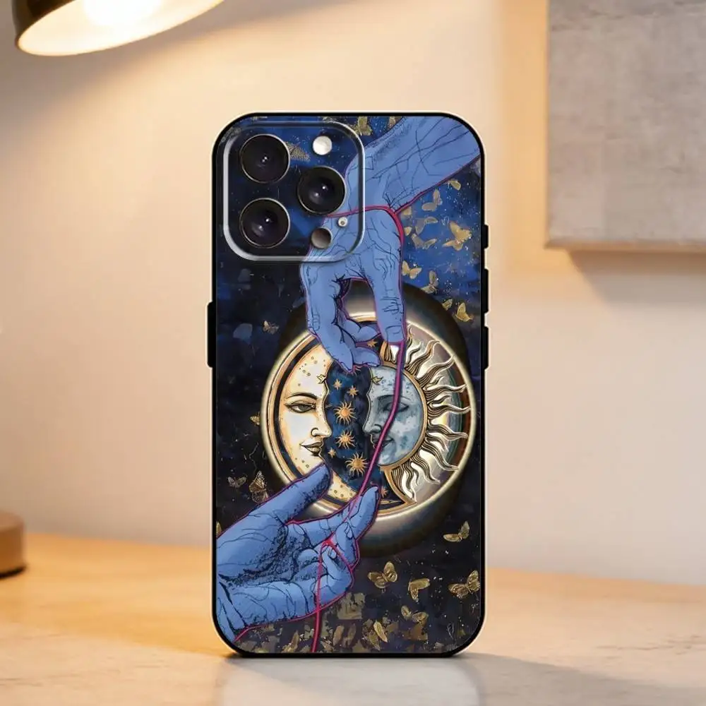 Sun and Moon AestheticArt Phone Case For iPhone 17,16,15,14,13,12,11 Plus,Pro Max,XS,Soft Silicone Black Cover
