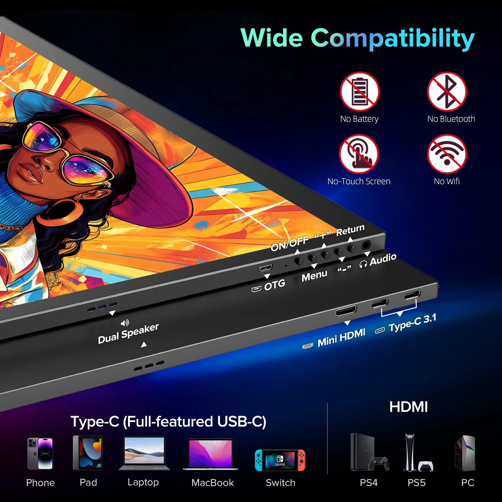 شاشة UPERFECT 4K المحمولة مقاس 18.4 بوصة بدقة 3840 × 2160 UHD USB-C HDMI FreeSync HDR شاشة كمبيوتر خارجية شاشة ثانية للسفر مع غطاء مكبرات صوت VESA