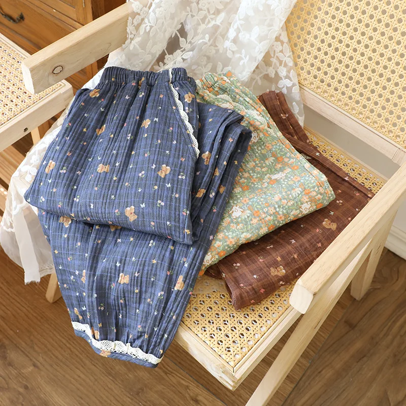 Woman Cotton Double Cloth Baby Soft Lounge Pants Lace Trim Loose Cropped Pajama Pants Breathable Spring Summer Home Wear
