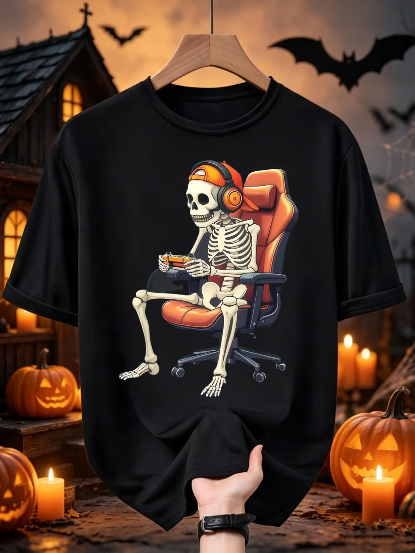 Men's Black T Shirt Vintage Gamer Skeleton in Red Chair for Halloween Costume Party Casual Gaming Funny Gift for Gamers Holiday Graphic Print Holiday Gift for Men