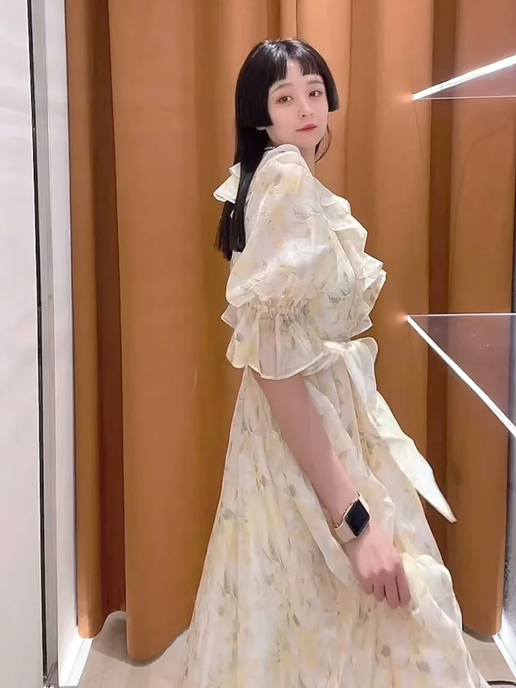 Ele Summer Tea Break V-Ne Puffy Sve Dr Women's New Print Waist-Cinching Long Dr High Waist A-Line Skirt