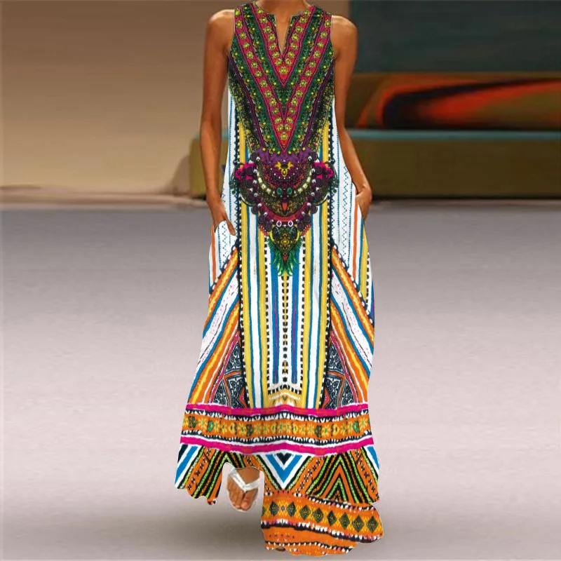 Bohemian Dresses 2024 New Women's Retro Printed Long Dress V-neck Sleeveless Insert Pocket Summer Sexy Dress Vestidos Elegantes