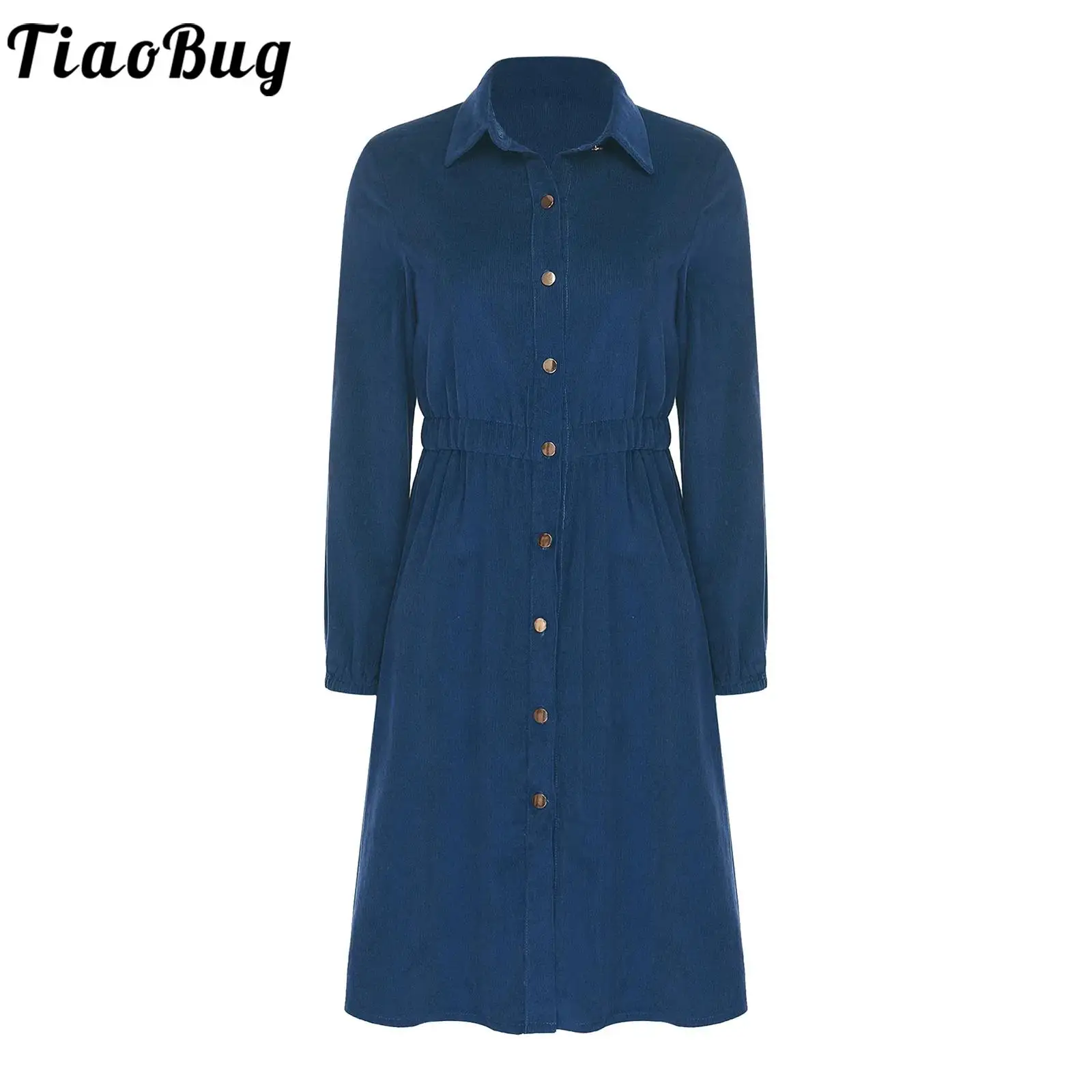 Women Basic Corduroy Shirt Long Dress Lapel Long Sleeve Button Knee-length Jacket Dress for Office Weekend Getaway Daily Casual