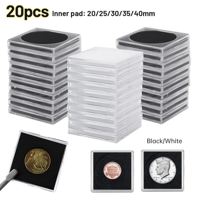 20Pcs Acrylic Square Coin Capsule Holder Adjustable Gaskets Organizer Storage Box Medal Coin Protection Box Display 20mm-40mm