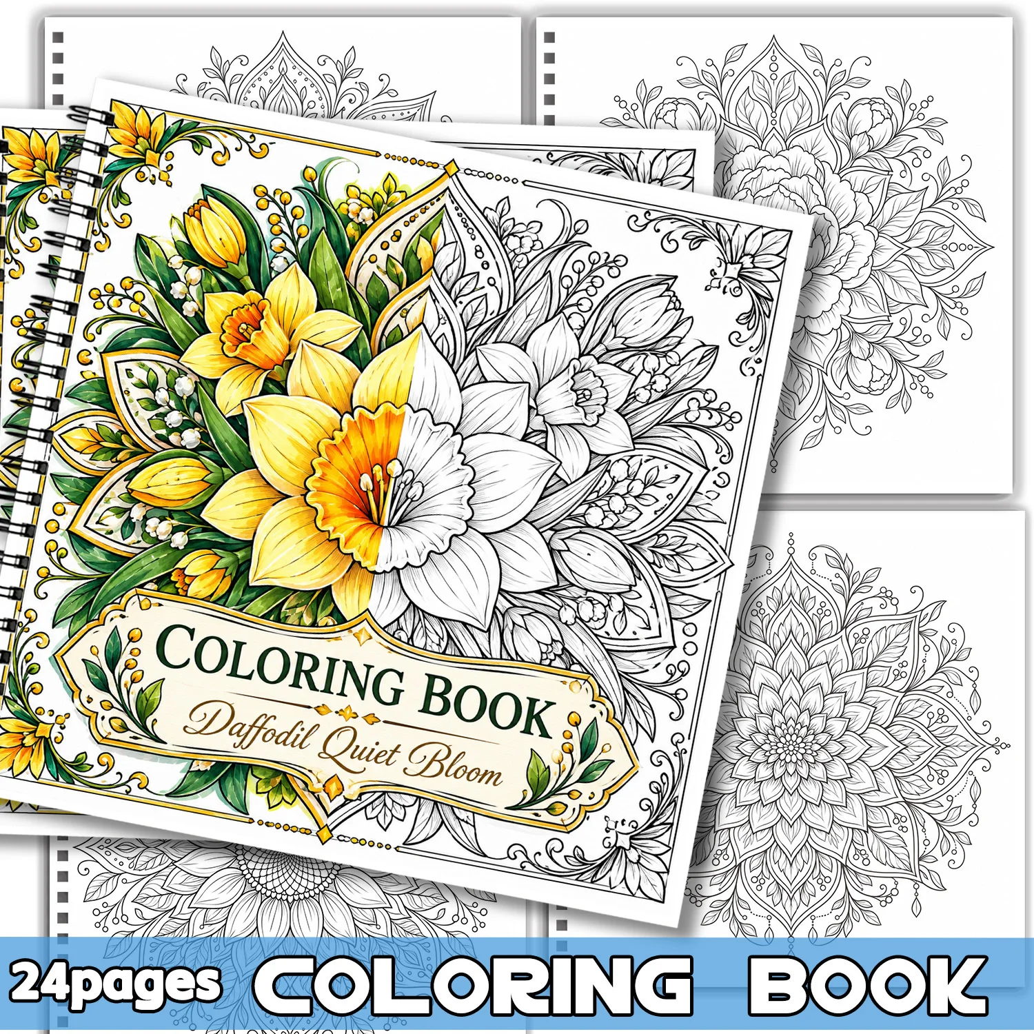 Spiral Binding Coloring Book Daffodil Floral Mandala Design For Adults Teens Showcasing Creativity Relieving Stress 24 Sheets
