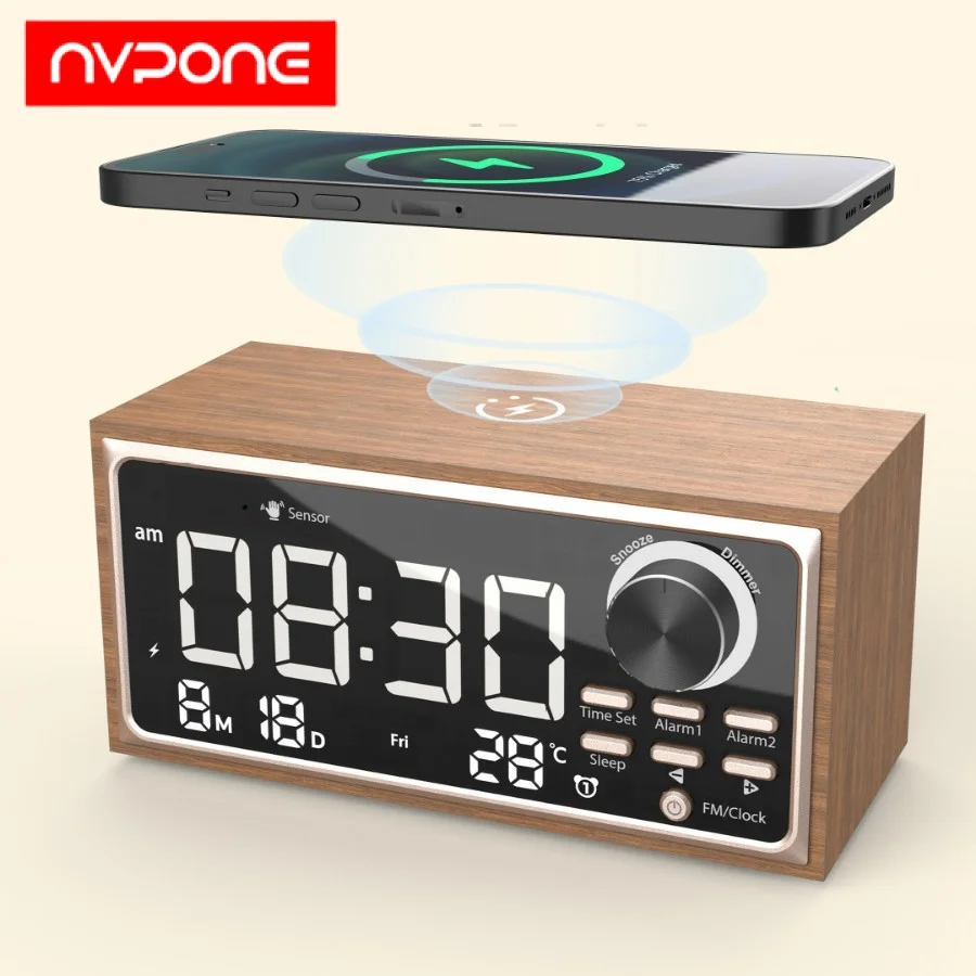 FM Retro Vintage Dual Alarm Clock Radio for 15W phone Fast Wireless Charging LED Display for Auto-Dimming Control Clock Bedroom