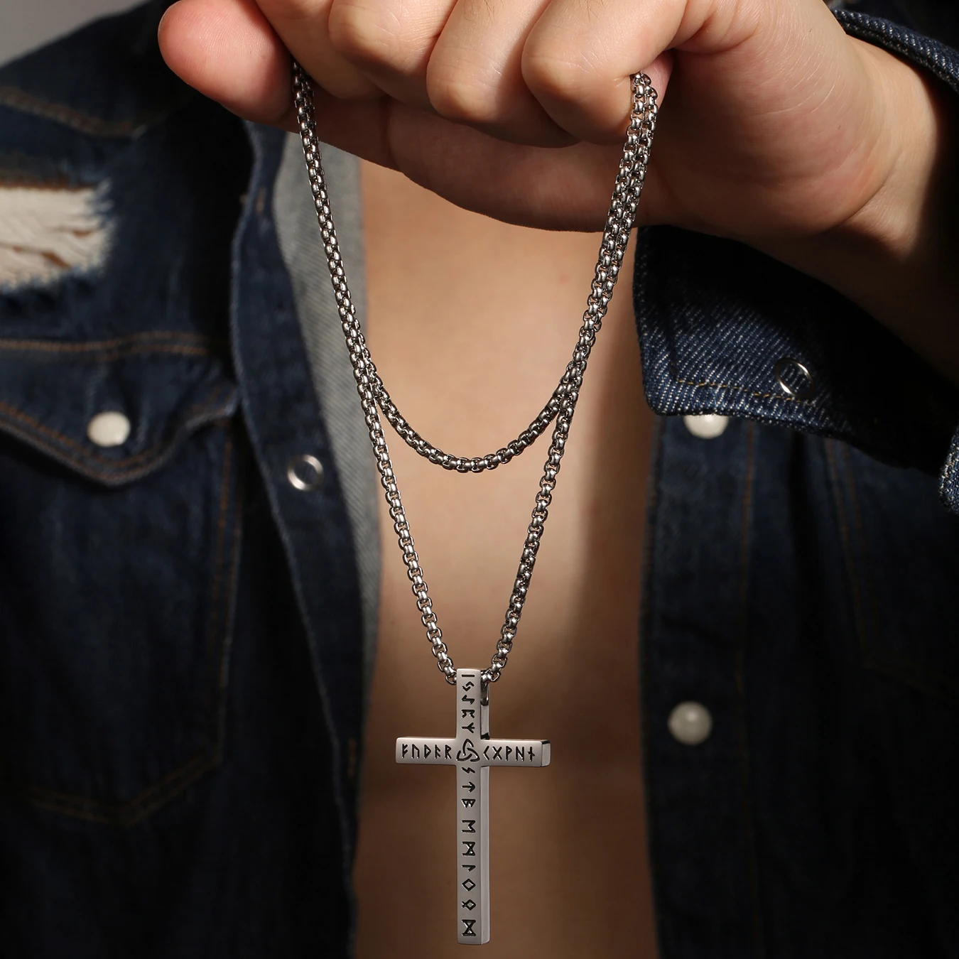 

1PC Fashion Vintage Stainless Steel Viking Runes Cross Necklace for Man Jesus Necklace Man Spiritual Prayer Jewelry