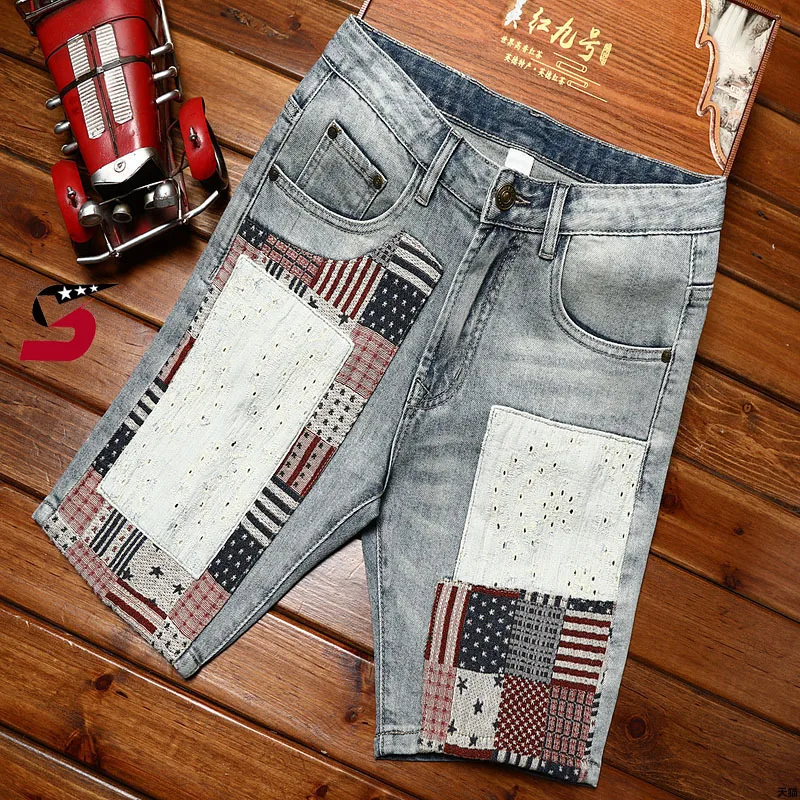 Summer Retro denim shorts men's patch slim stretch fashion Korean style trends personality street motorcycle shorts