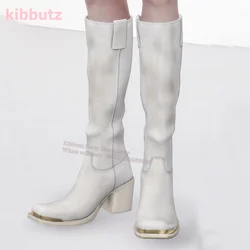 Knight Knee High Boots Metal Square Toe Chunky Heel Genuine Leather Slip-On Retro Old Fashion Sexy Elegant Women Shoes Newest