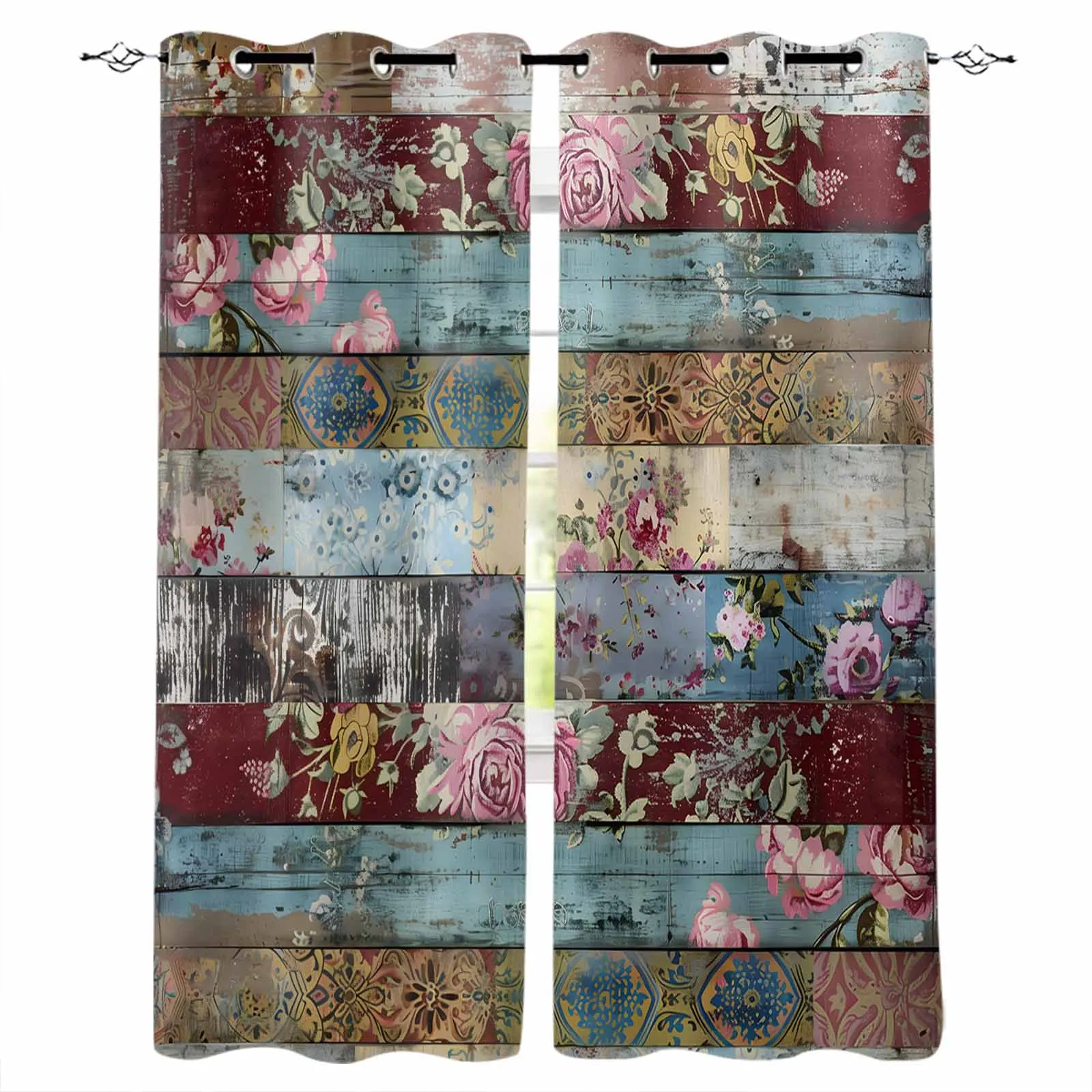 Vintage Worn-Out Mottled Floral Wood Grain Blackout Curtains For Living Room Bedroom Window Treatment Blinds Kitchen Drapes