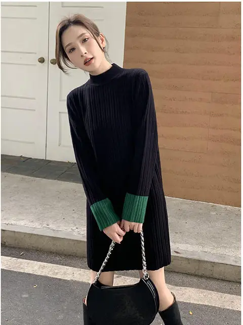 Korejepo Half High Neck Knitted Dress Women Autumn Winter Base Skirt Loose Sweater Stature Medium Long Woolen Dress Vestido