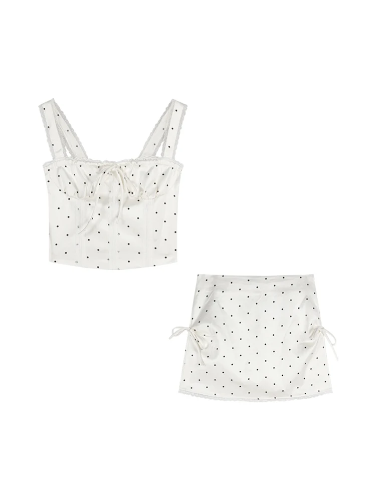 

Polka Dot Halter Top And Short Skirt Two Piece Set Women's Summer Fashion Outfit Bodycon Style Lace Detail Commute Wind