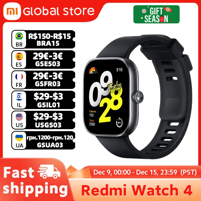 Global Version Xiaomi Redmi Watch 4 Smart Watch 1.97\'\' AMOLED Blood Oxygen Heart Rate Monitor Support Bluetooth Phone Call GPS