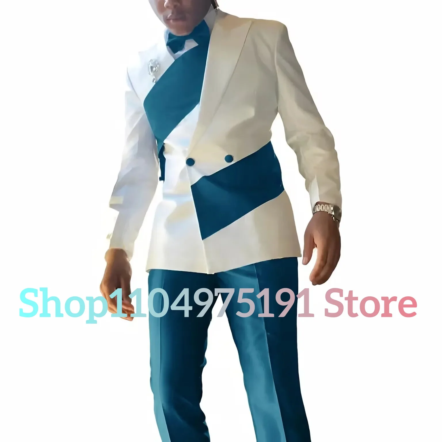 Traje de 2 piezas blanco azul real para hombre de diseño especial (Blazer + pantalones) ropa de novio de boda de negocios con so