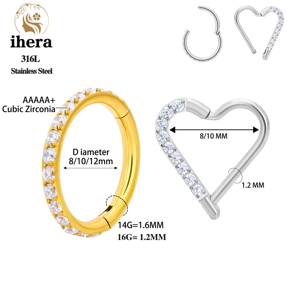 1/10PCS Stainless Steel Round Nose Ring CZ Hinged Septum Clicker Heart Earring Hoop Ear Tragus Cartilage Daith Piercing Jewelry