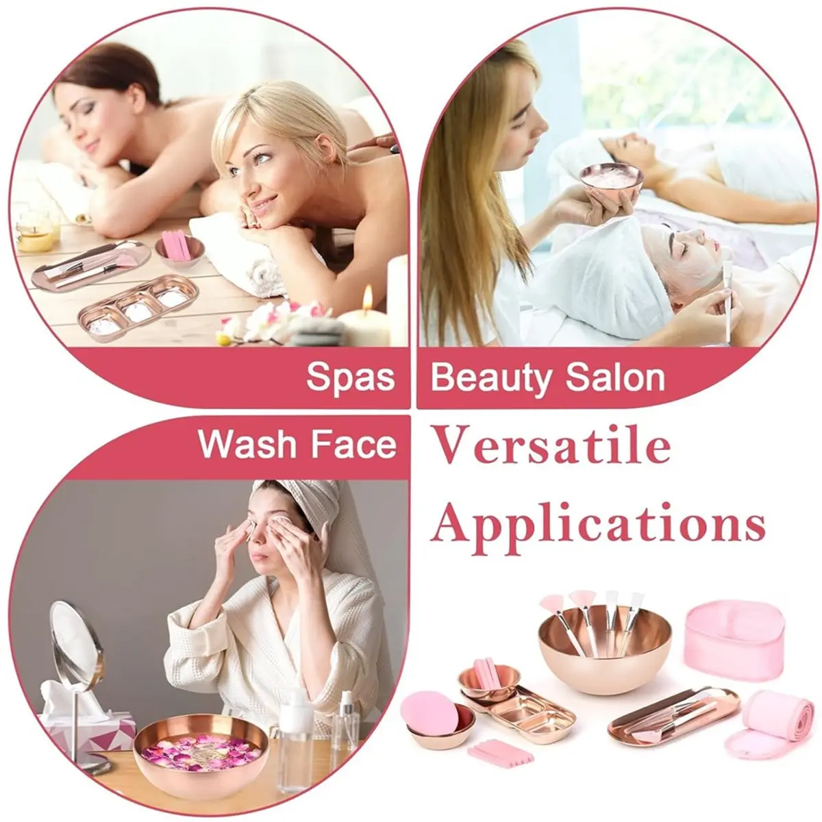 [N84R] 26 Rose Gold Esthetician Supplies Kits 3 Bowls Large Spa Bowls 3 Fan Brushes Makeup 3Face Mask Brushes Salon Tray