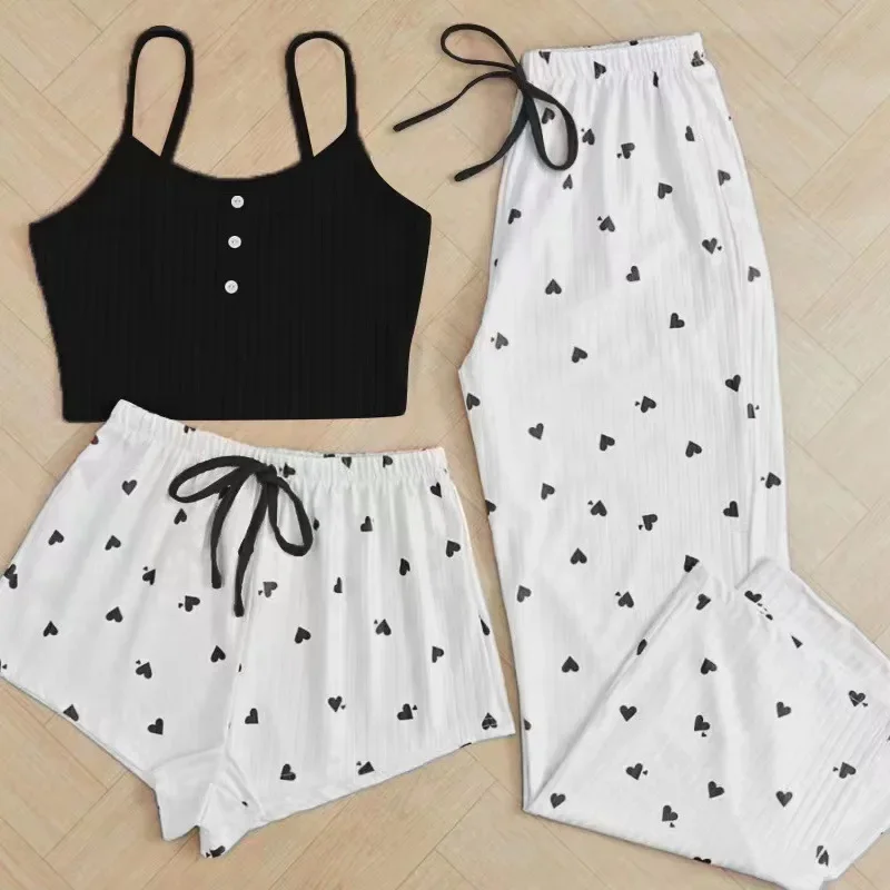 3pcs Women's Pajamas Heart-shaped Printed Vest Shorts And Pants Paired With Ribbed Fabric For Home Casual Women's Sleepwear Set