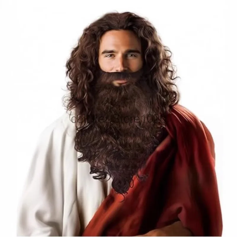 Adult Halloween Grey Wizard Cosplay Wig Beard Set Jesus Santa Claus Dress Up White Brown Fluffy Small Roll Synthetic Wig Props