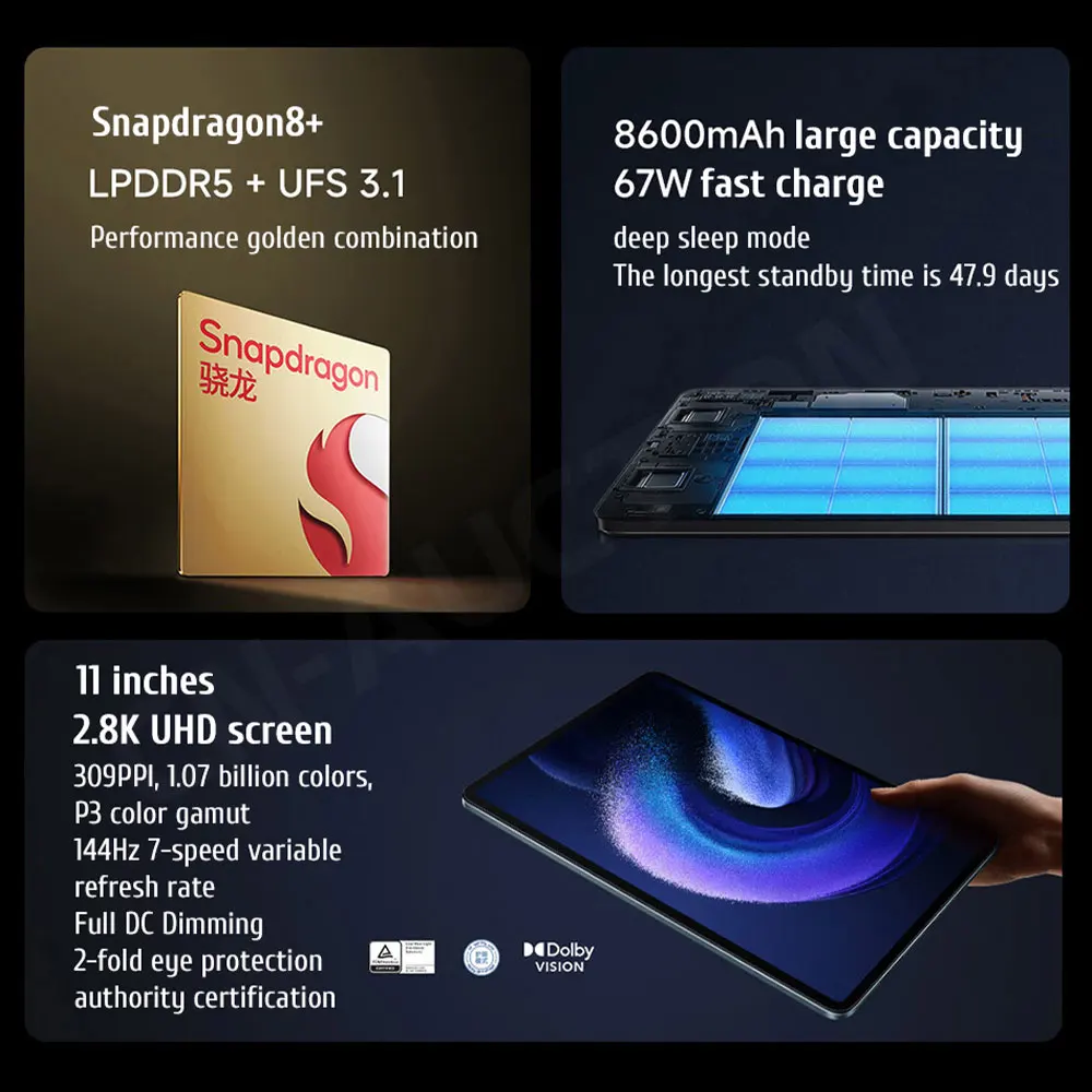 เสี่ยวหมี่ Mi Pad 6 Pro แท็บเล็ต Rom ทั่วโลก Snapdragon 8 + 11นิ้วหน้าจอ144Hz 2.8K 8600mAh 67W ที่ชาร์จเร็วแอนดรอยด์13 Mui 14 2023