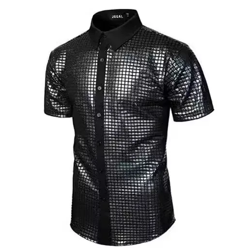 2026 Mens Formal Shirt Sequin Button Up 70s Party Outfit Retro Casual Long Sleeve Top Fashion Men's breathable shirt