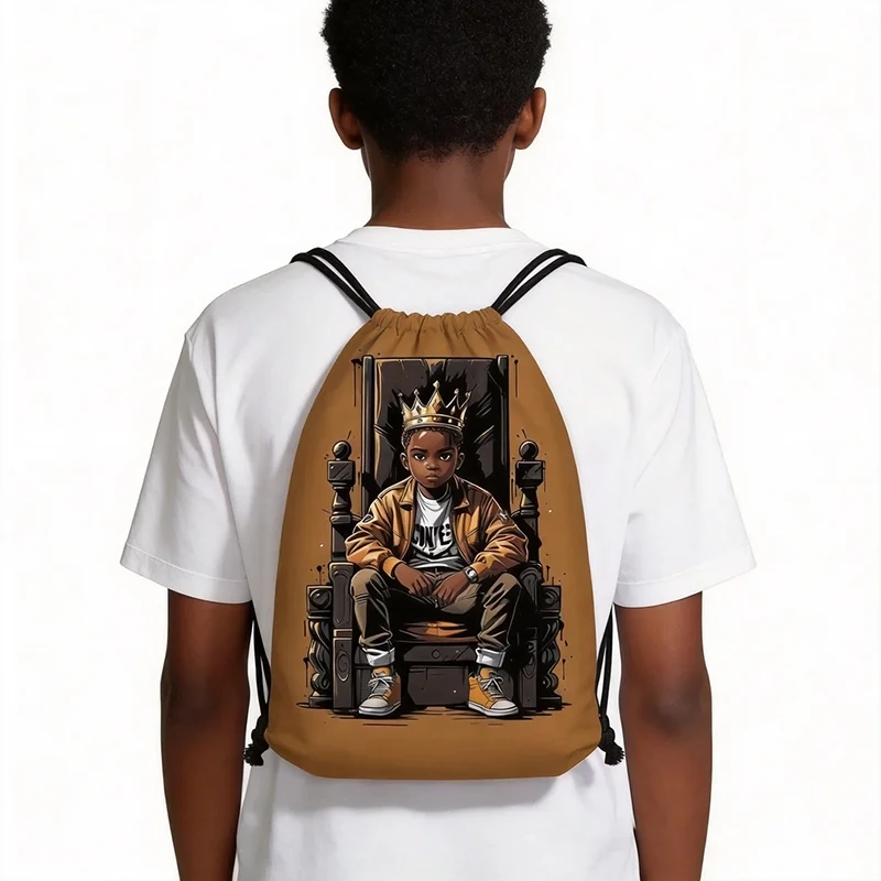 Fashion Black Men Crown Graphic Drawstring Bag Afro Teenager Daypack Large Capacity Gym Outdoor Shoulder Bag for Travel Bookbag